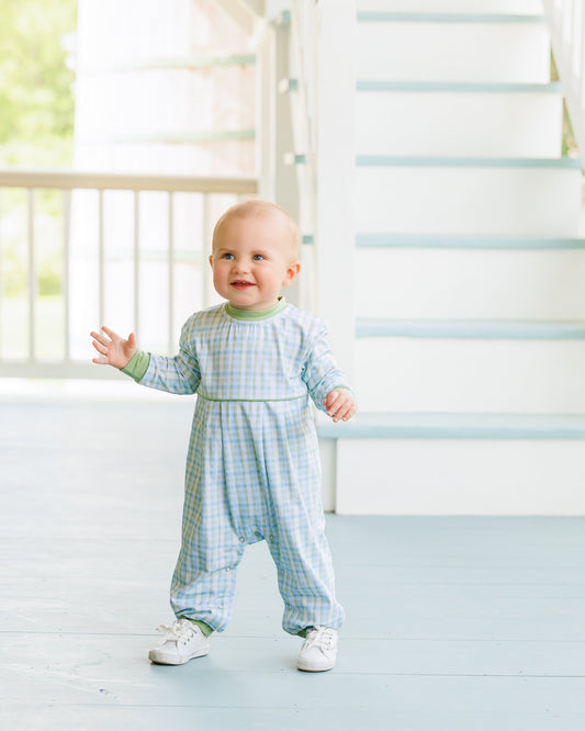 Blue and green plaid one piece boy romper 