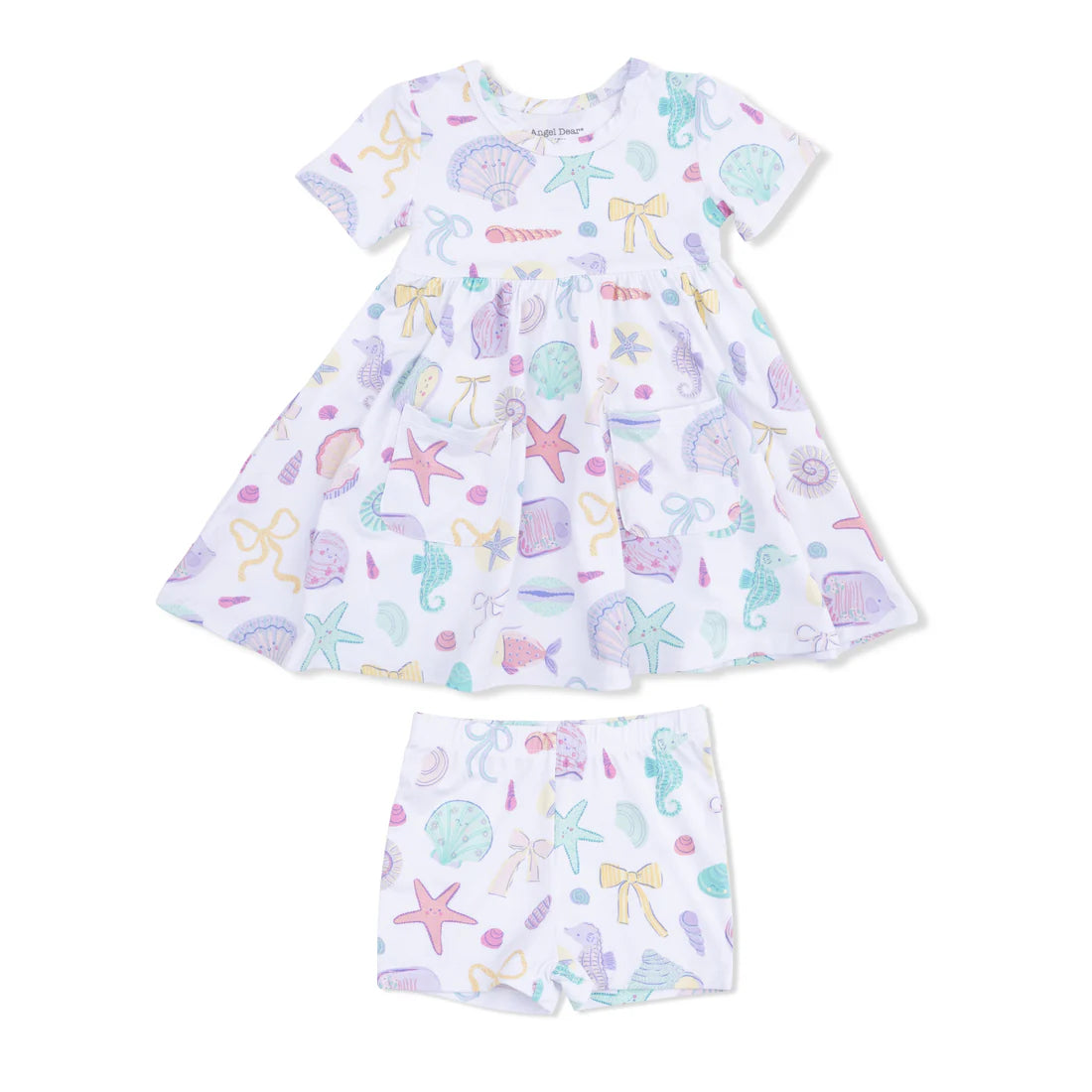 Dress and Short Set with a pastel seahorse and shell design on a white background.