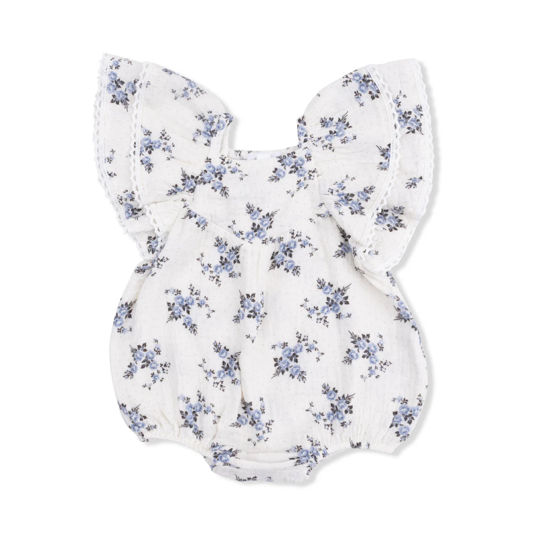Ruffle sleeve bubble with a seamed v at the neckline and a blue rosette and dot pattern.