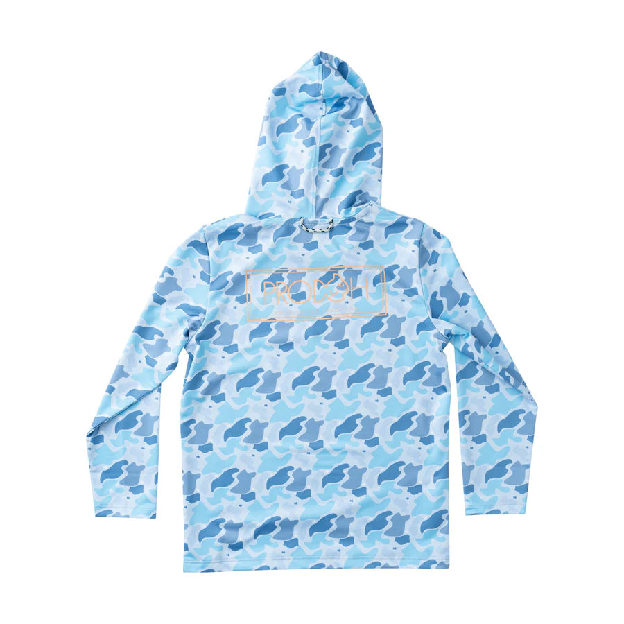 Blue camouflage hoodie with the PRODOH logo on back.