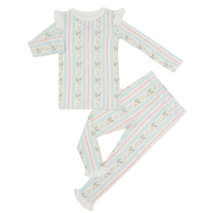 Blue and pink striped two piece pajama set with a floral pattern and ruffles.