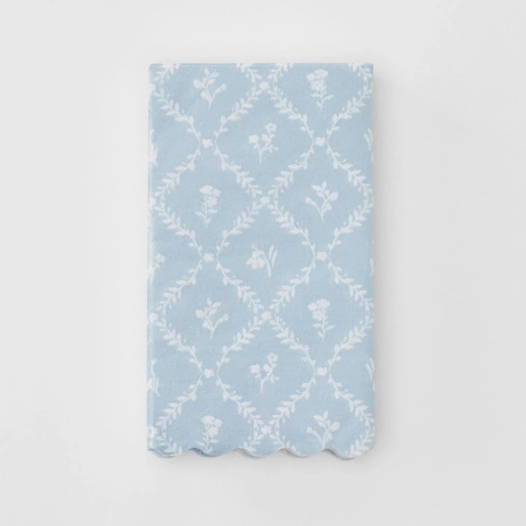 Blue Floral patterned fabric swatch on a light gray background