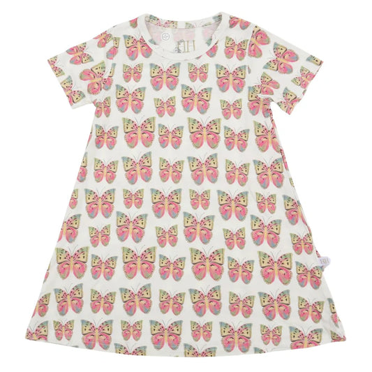 Short sleeve bamboo dress with pink butterfly design.