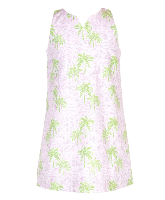 White and pink dress with green palm tree pattern on a white background