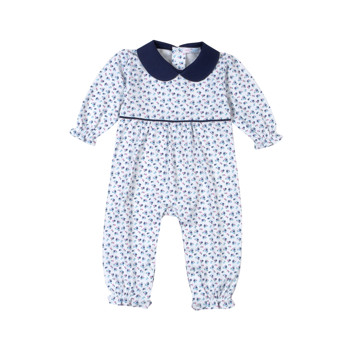 A baby's long-sleeve footless romper in white with a navy blue geometric pattern, featuring a solid navy collar and matching navy trim.