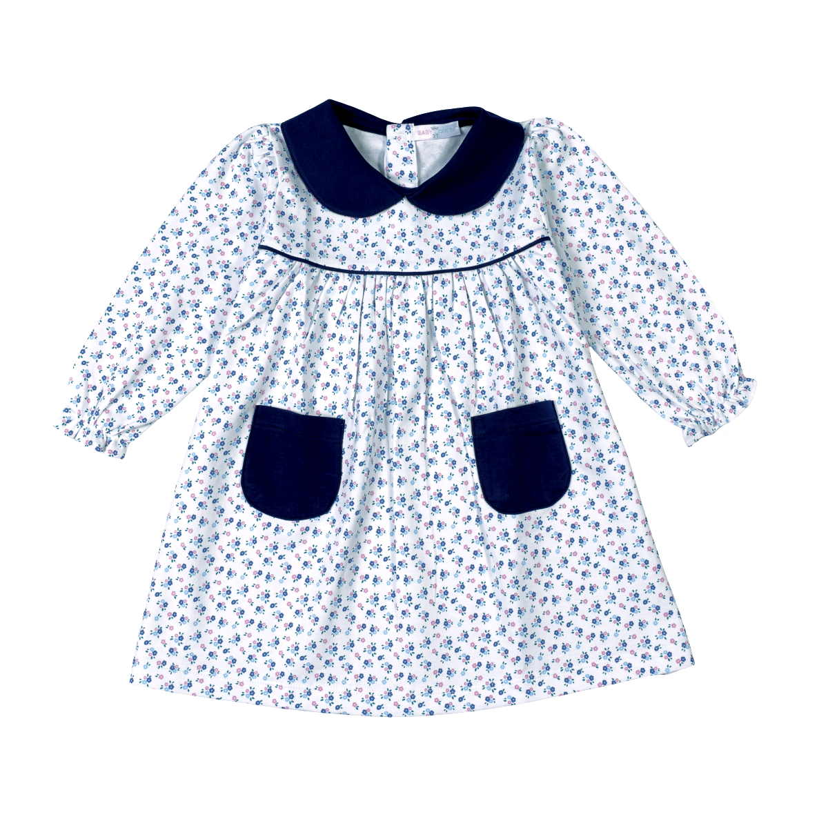 A long-sleeve baby dress with a white background, blue floral print, and dark navy blue collar, trim, and pockets.