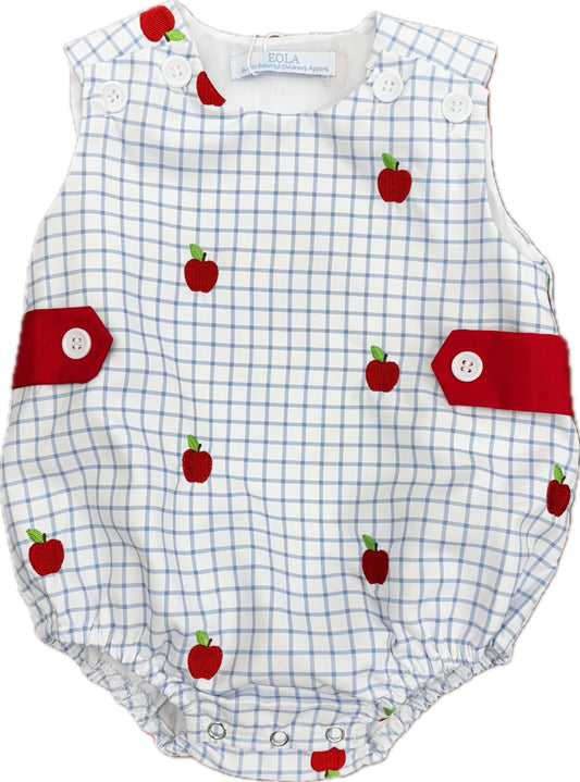 Light blue and white checked bubble with red side tabs and an embroidered red apple pattern.