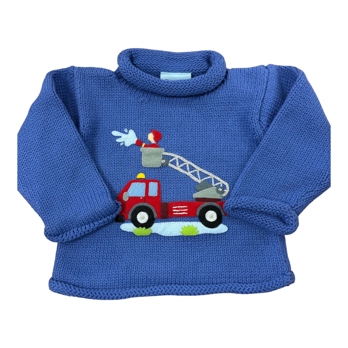 Blue rollneck sweater with firetruck applique design on chest 