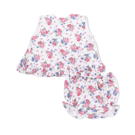 White sleeveless ruffle edge top with pink and blue cabbage rose design and matching bloomers.