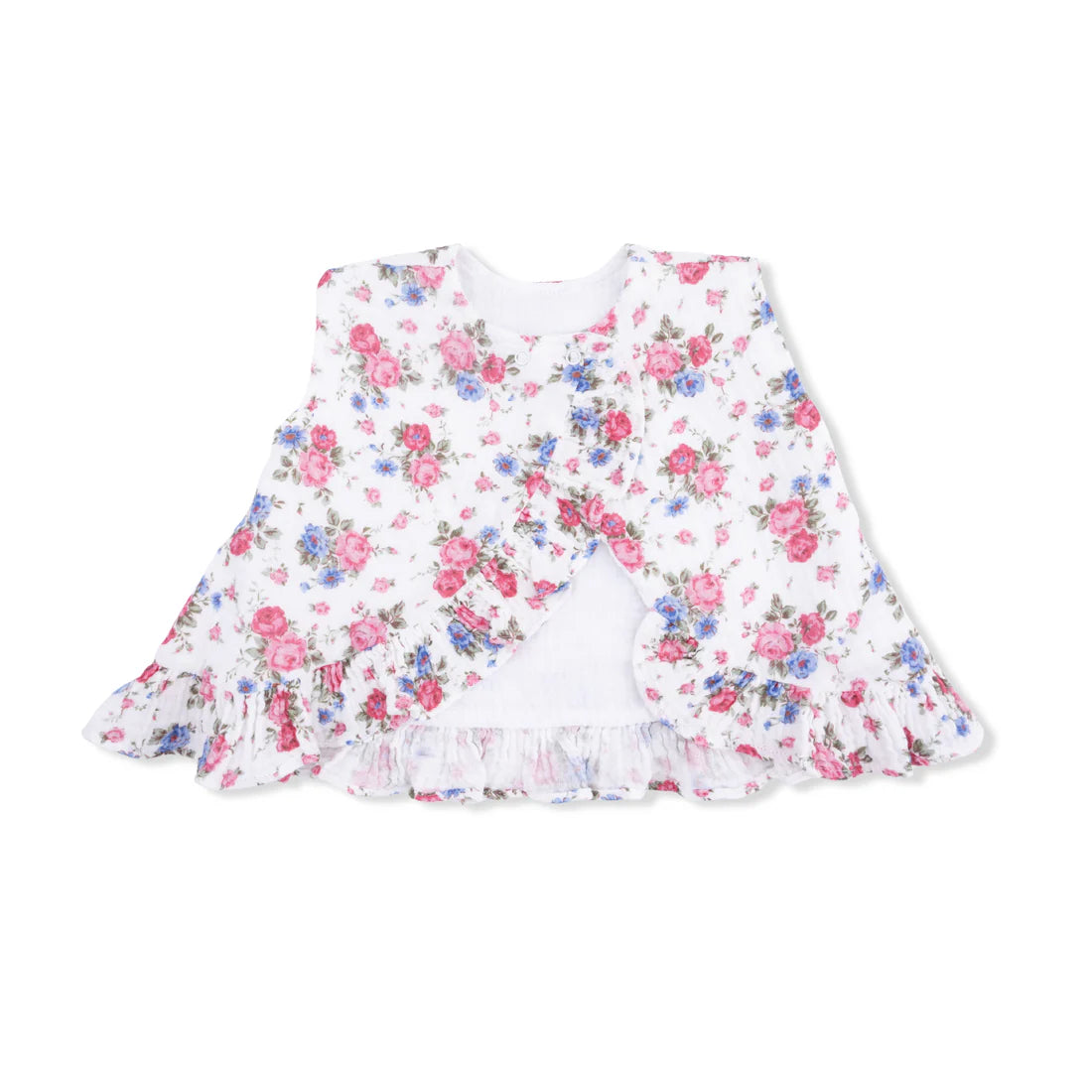 Back of white sleeveless top with pink and blue cabbage rose pattern showing ruffled detail.