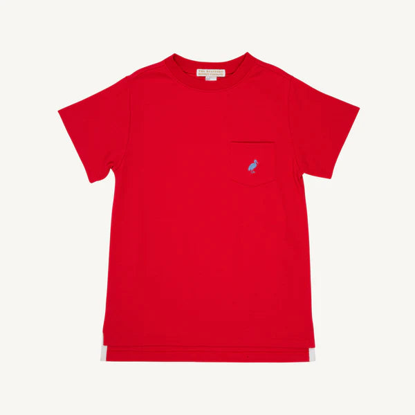 Red t-shirt with a small blue logo on the front pocket 