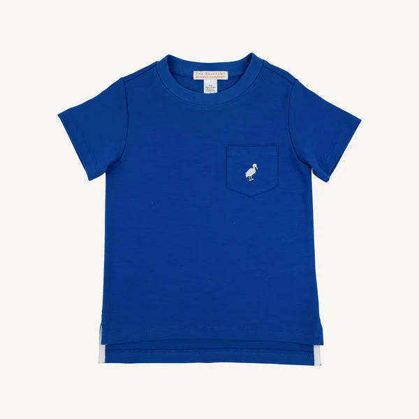 Blue short sleeve t-shirt with a small logo on the pocket 