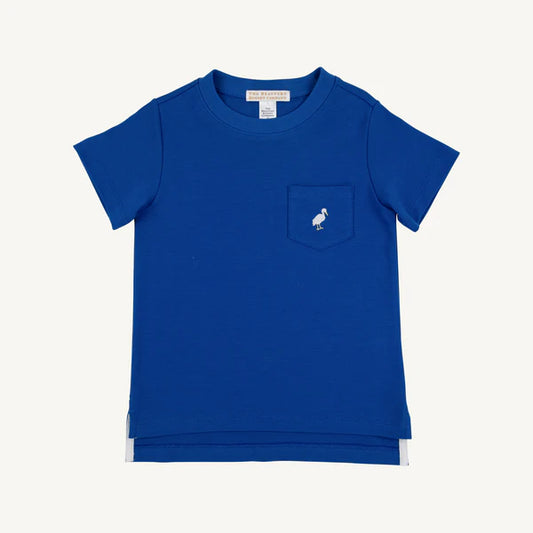 Blue short sleeve t-shirt with a small logo on the pocket 