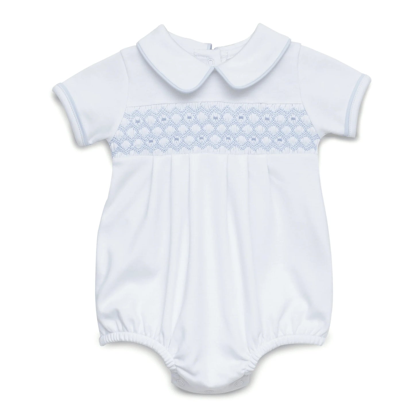 White short sleeve bubble with blue smocking and trim.