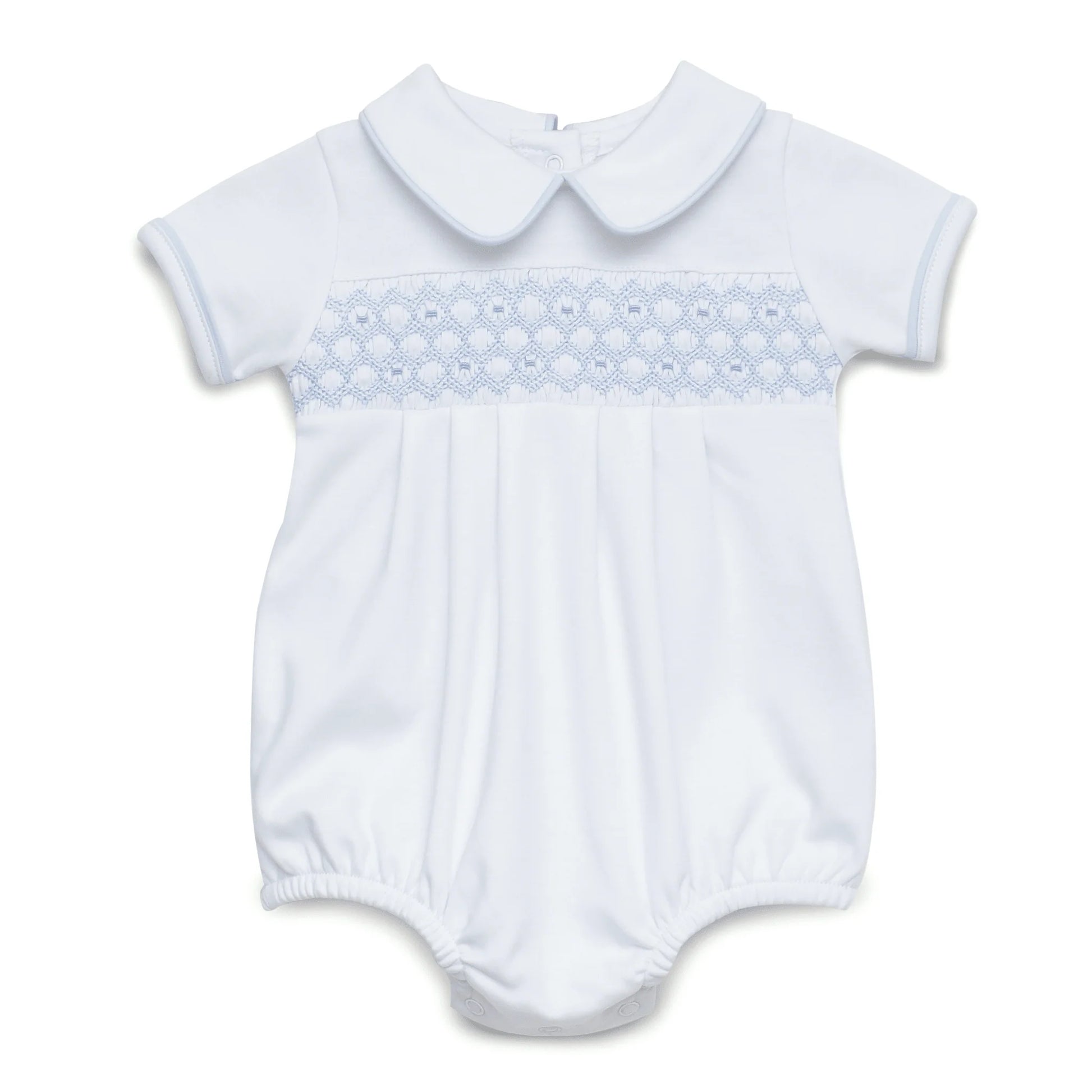 White short sleeve bubble with blue smocking and trim.