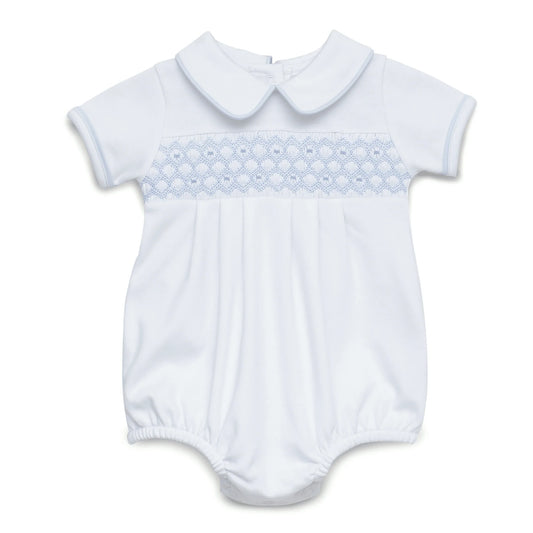 White short sleeve bubble with blue smocking and trim.