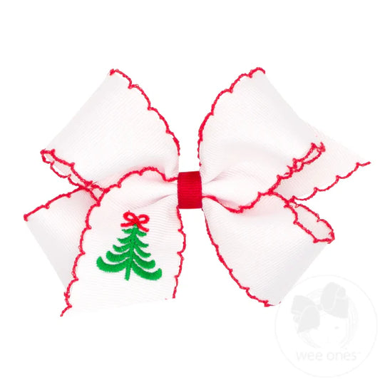 Grosgrain Hair Bow with Christmas Tree Embroidery and Red Moonstitch Edge