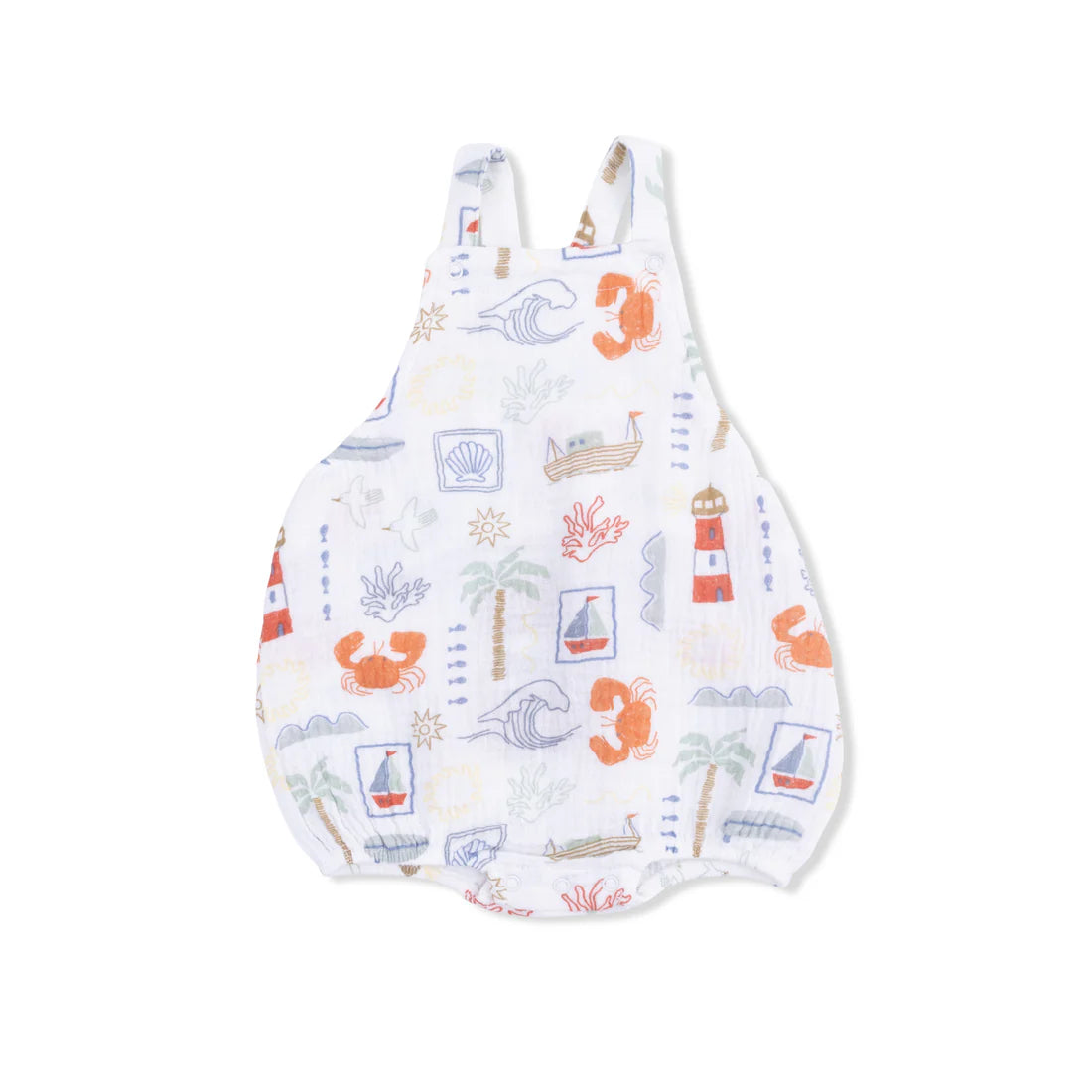 Infant sunsuit with whimsical seashore pattern.