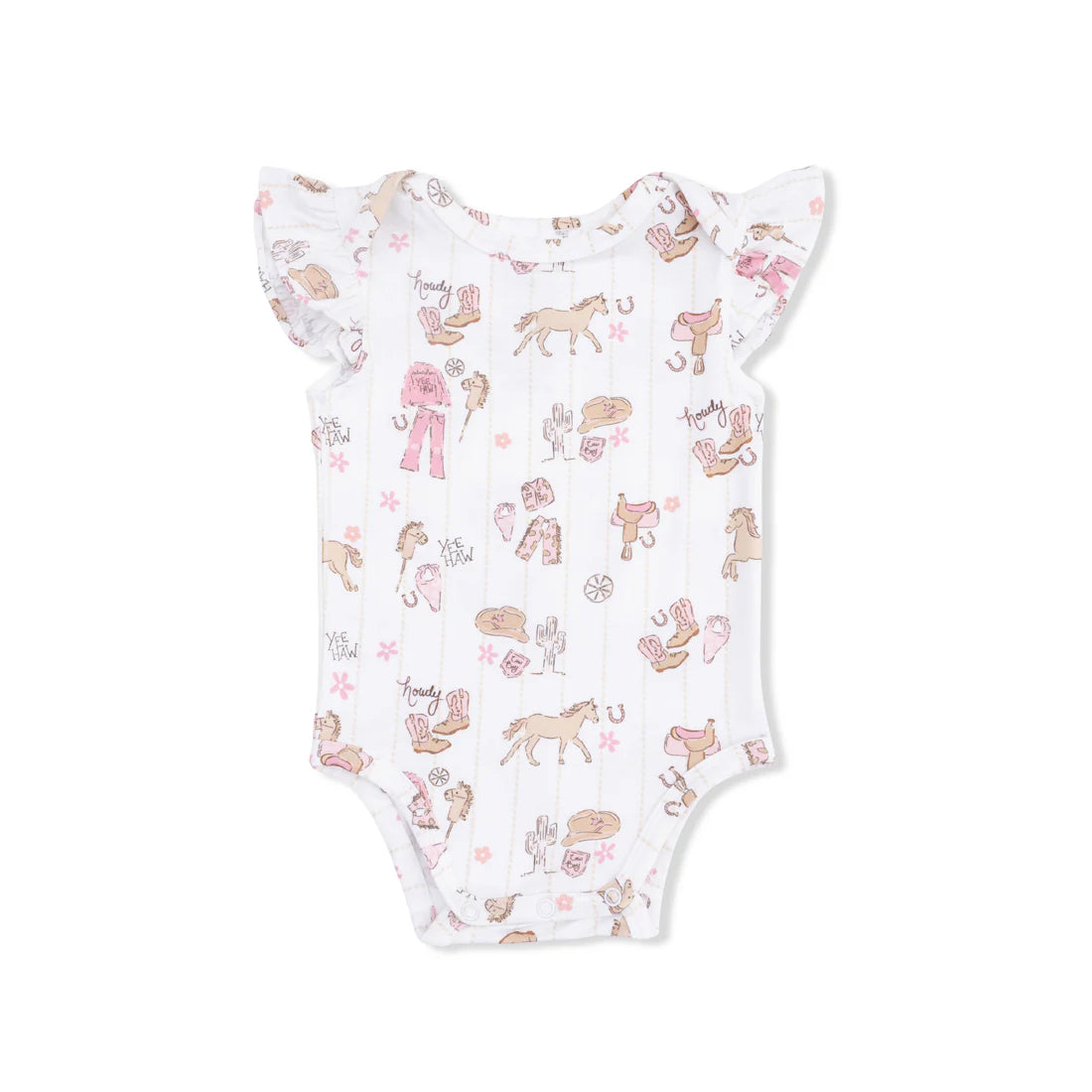 Ruffle sleeve onesie with a cowgirl design.