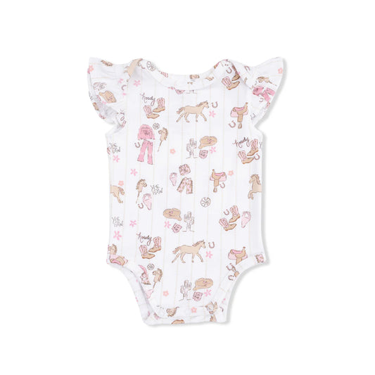Ruffle sleeve onesie with a cowgirl design.