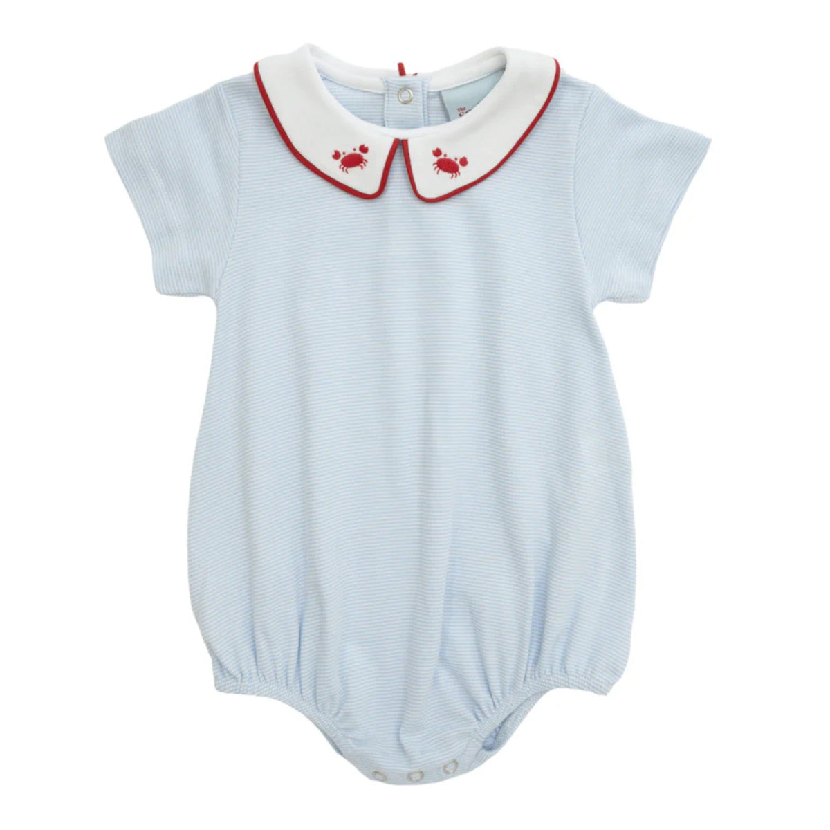 Blue striped bubble with white peter pan collar with red piping and embroidered red crabs.