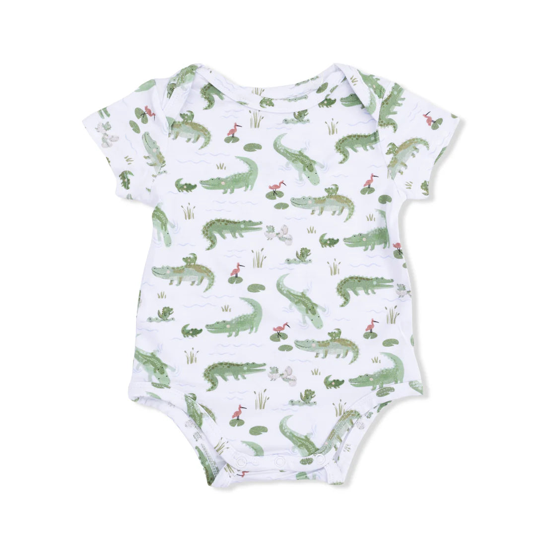 Short sleeve onesie with green alligator design.