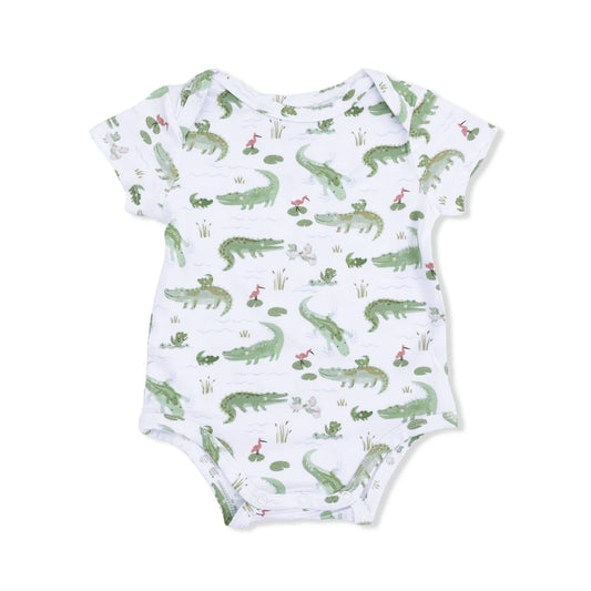 Short sleeve onesie with green alligator design.