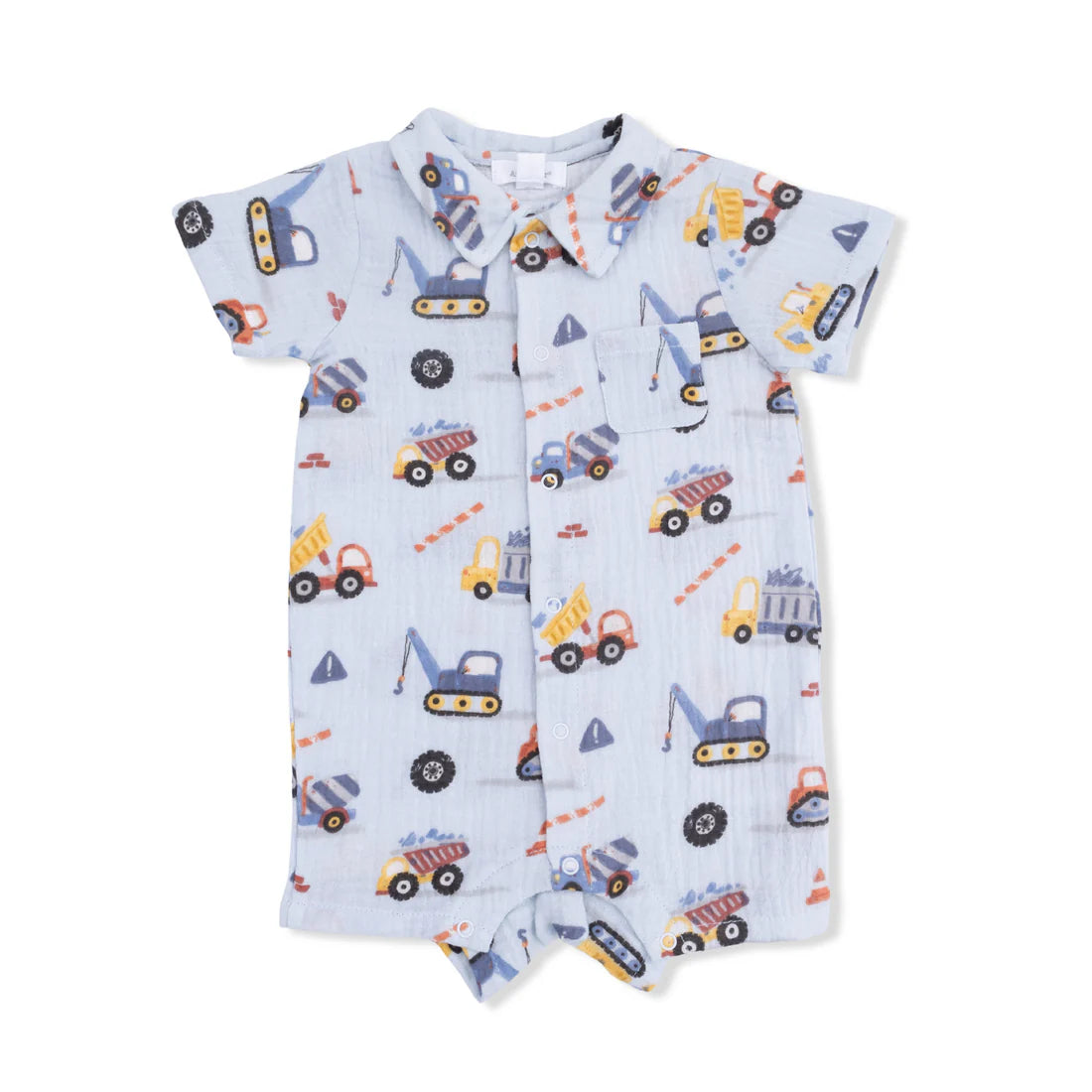 Light blue short sleeve polo shortall with a construction truck design.