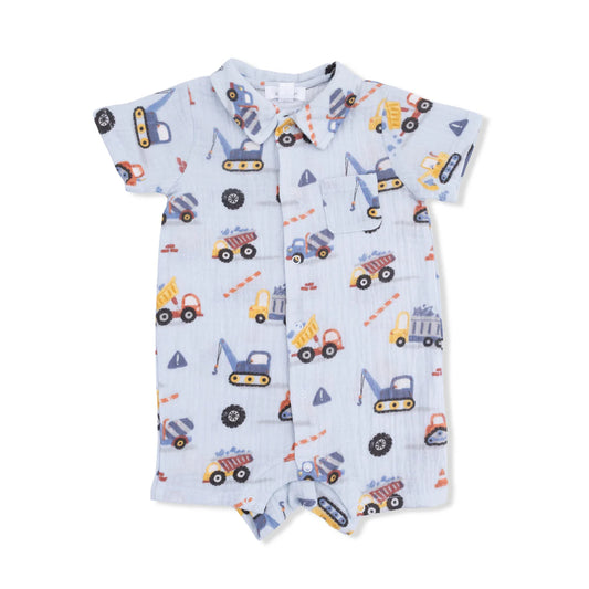 Light blue short sleeve polo shortall with a construction truck design.