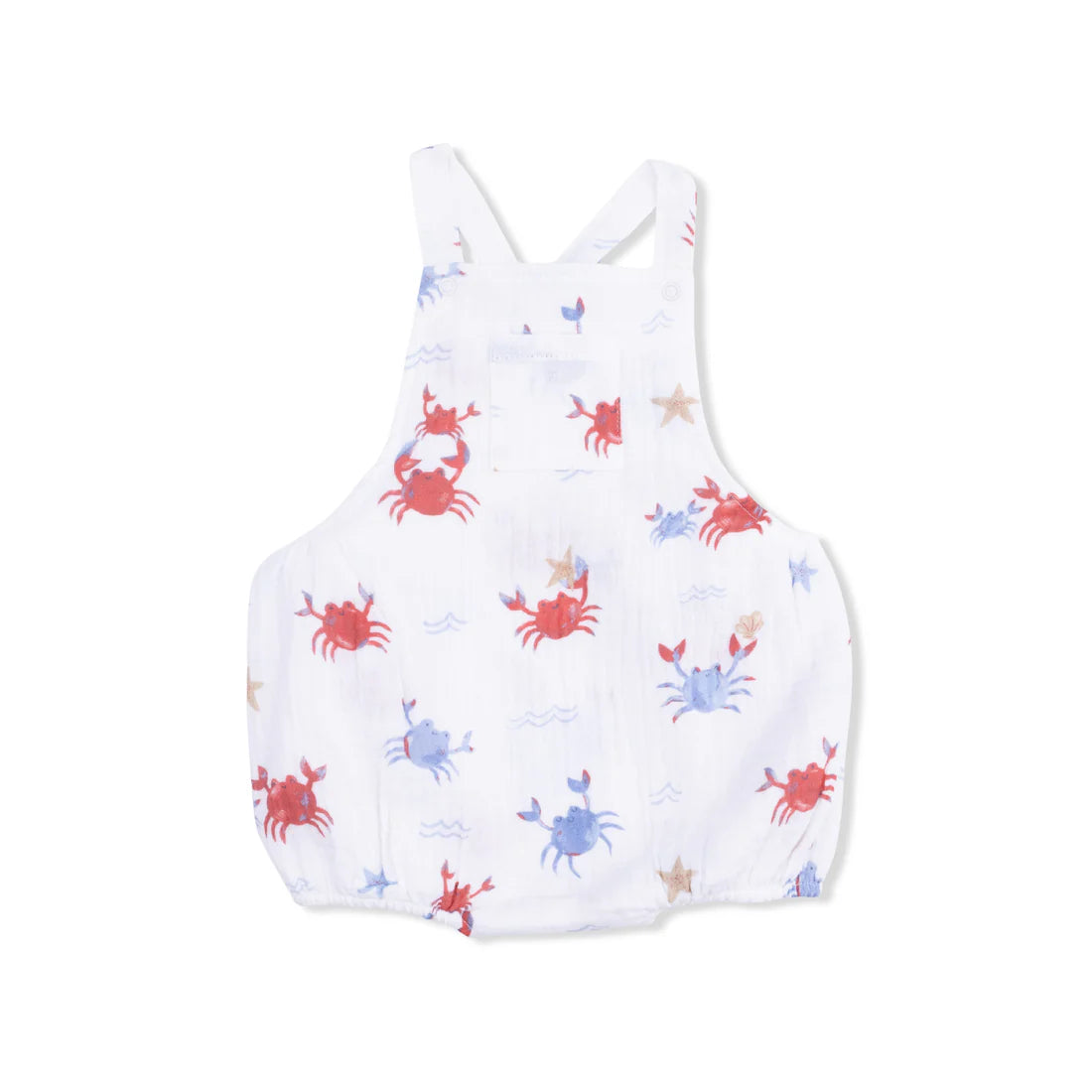 Infant sunsuit with blue and red crab pattern.