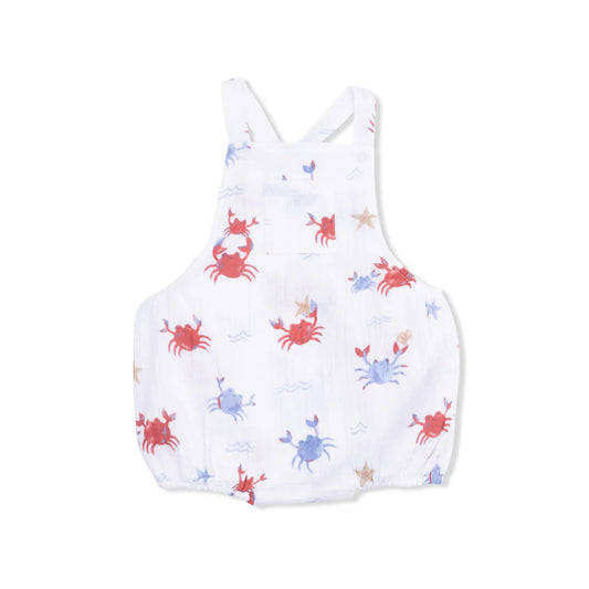 Infant sunsuit with blue and red crab pattern.