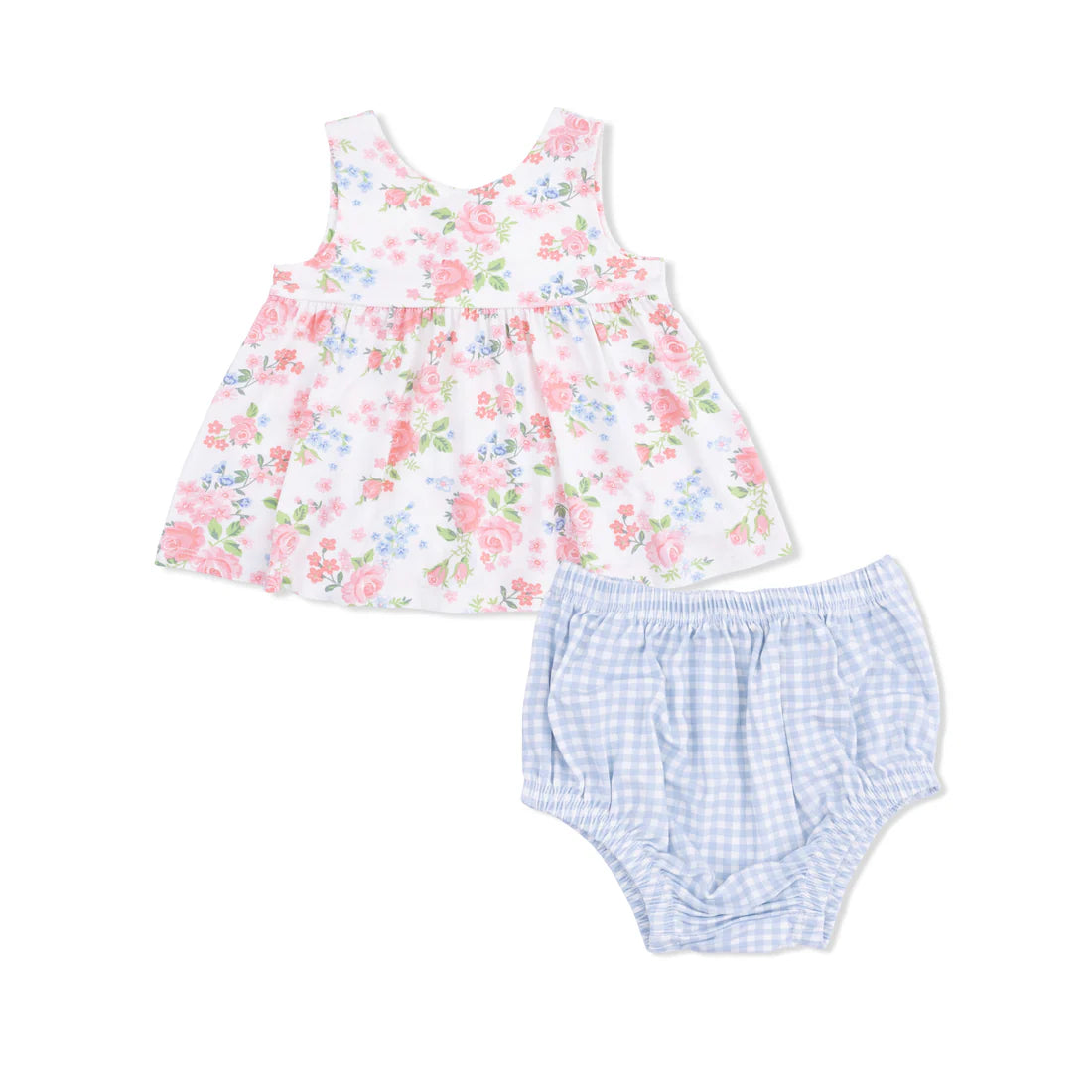 Sleeveless top with a pink and blue rose print and blue gingham bloomers.