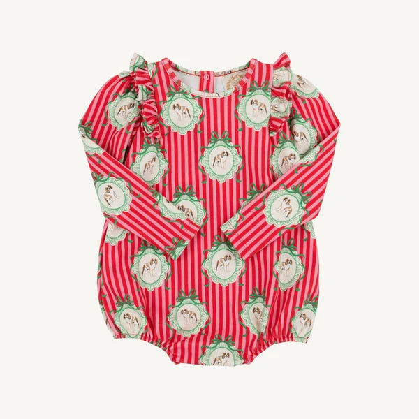 A long-sleeve baby romper with a red and white vertical stripe pattern, decorated with green-bordered oval medallions containing small dog illustrations. The romper features ruffled trim at the neckline and cuffs, and is displayed flat against a light off-white background.