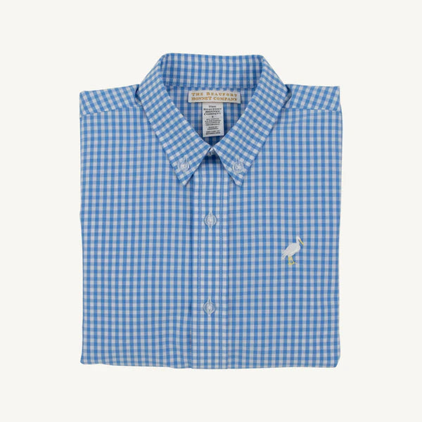 blue and white checkered long sleeved collared performance shirt 