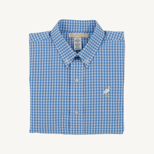blue and white checkered long sleeved collared performance shirt 