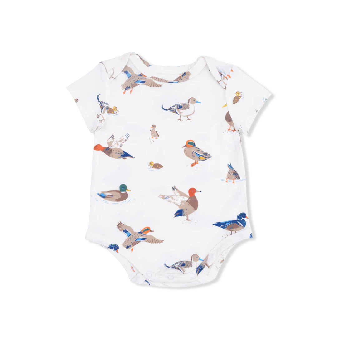 One piece short sleeve bodysuit with duck design.