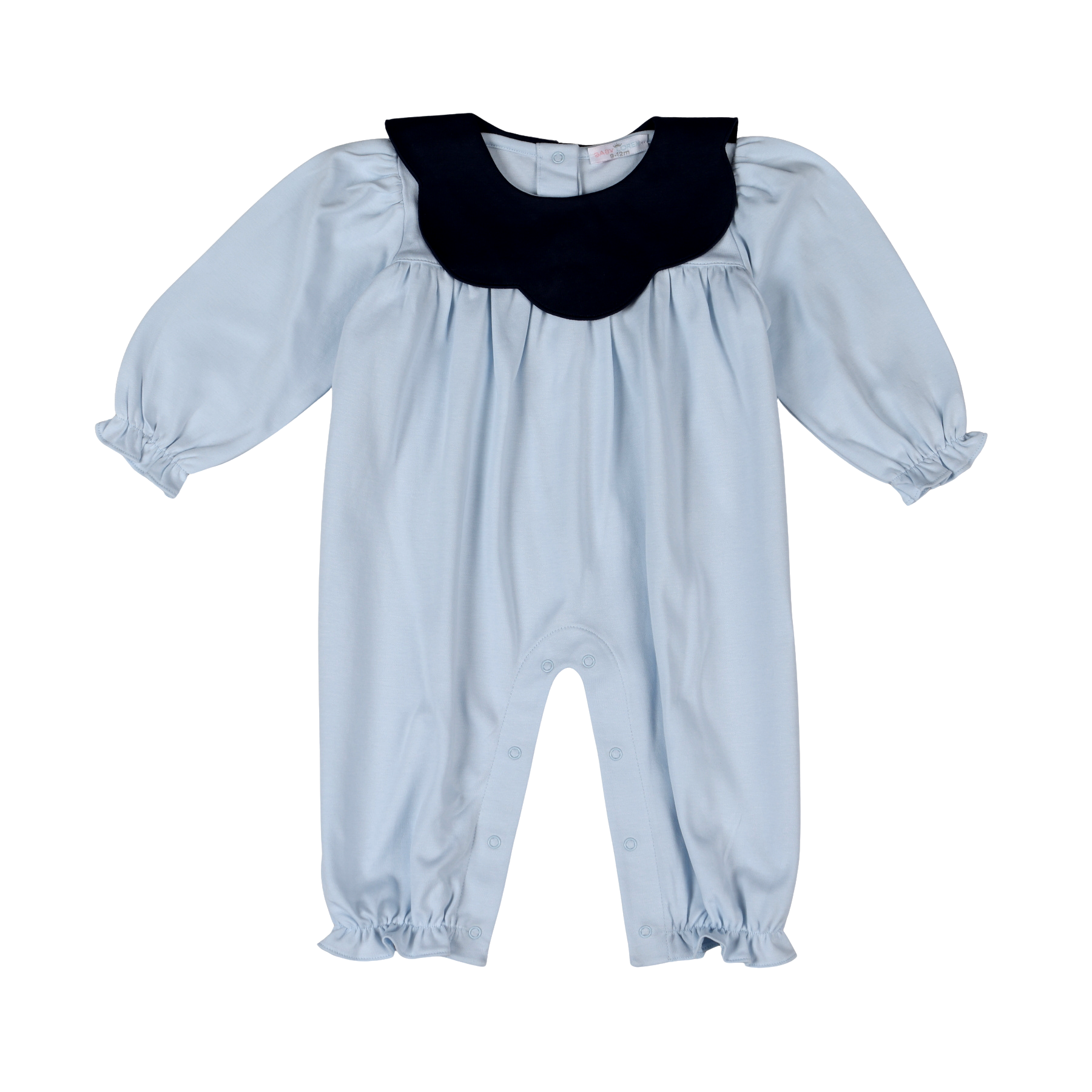 A baby's long-sleeve romper in light blue with a contrasting dark navy ruffled collar.