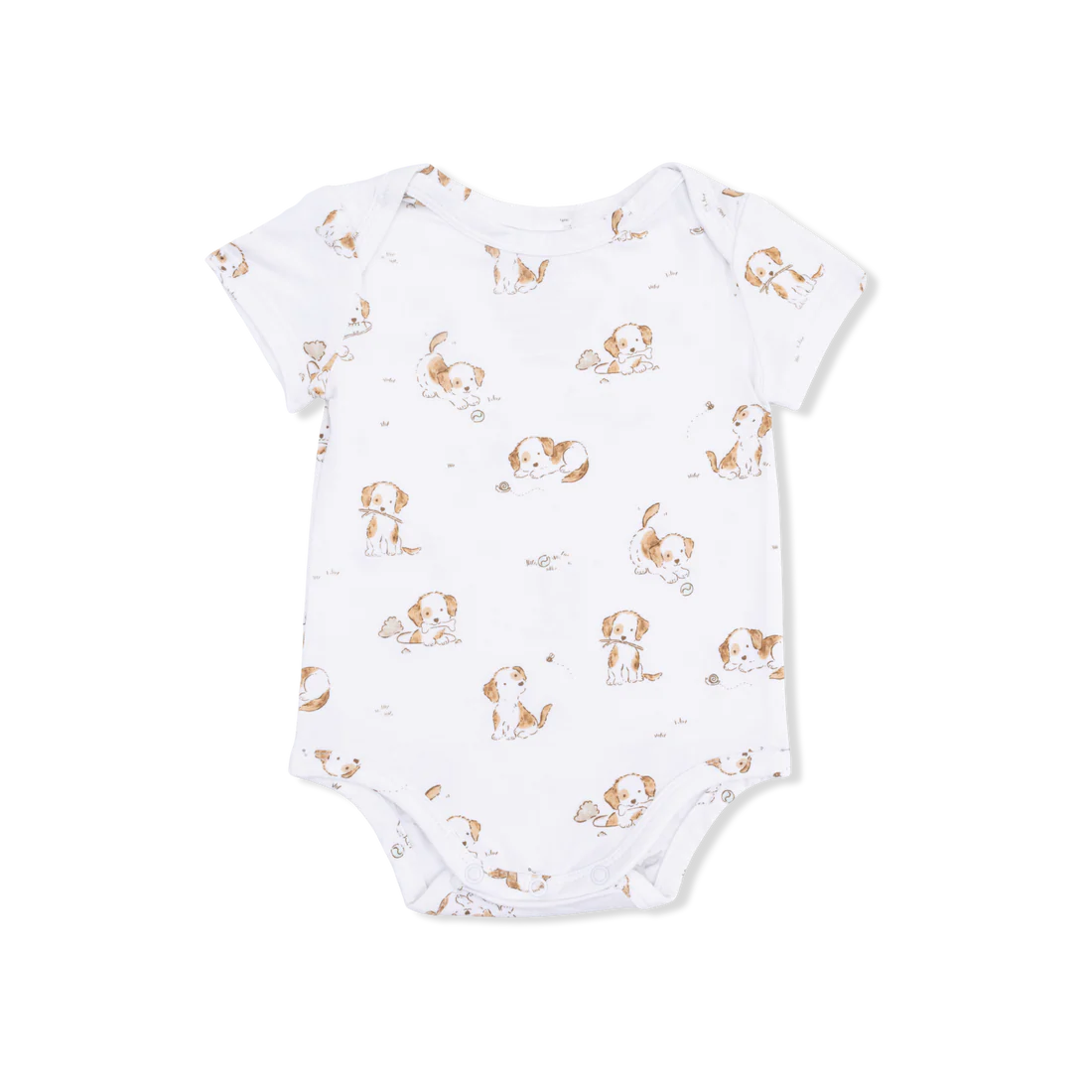 Baby short sleeved onesie with an overall puppy design on a white background.