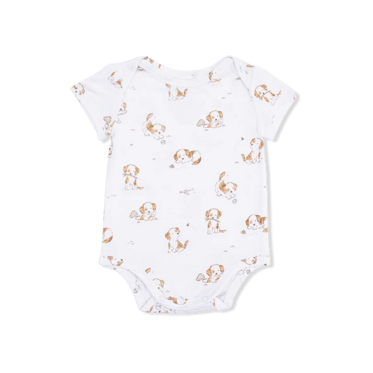 Baby short sleeved onesie with an overall puppy design on a white background.