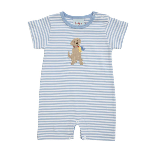 Blue striped short sleeve romper with an applique of a dog holding two fish.