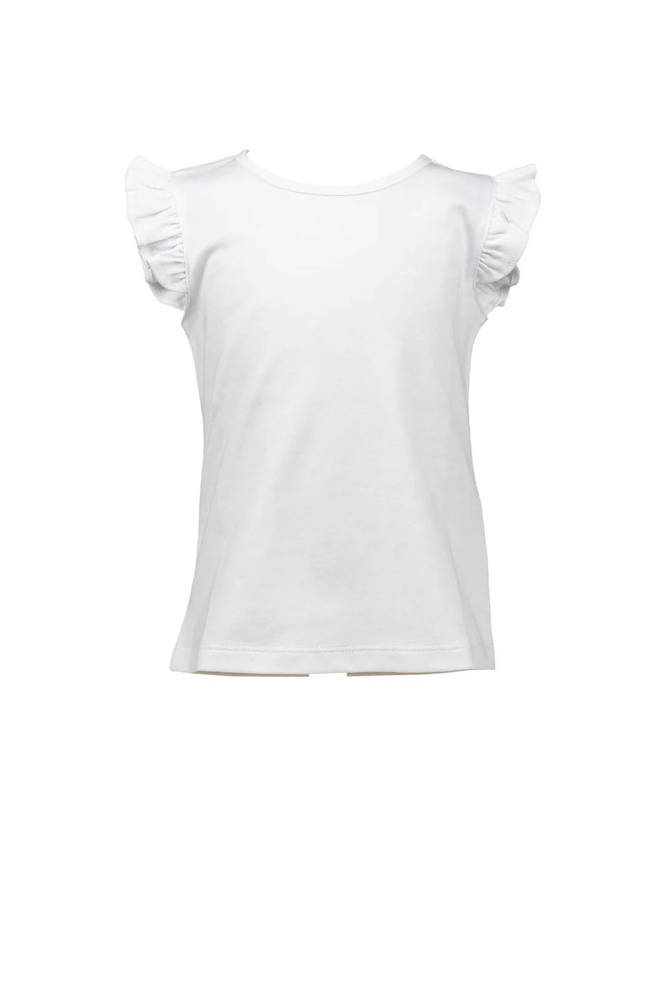 White pullover shirt with ruffled short sleeves.
