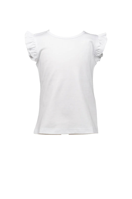 White pullover shirt with ruffled short sleeves.