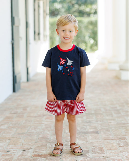 Boy Short Set with navy blue shirt with airplane and star red white and blue design with red check shorts