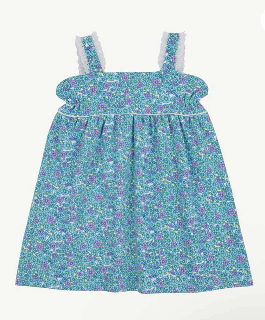Blue floral dress with sleeveless eyelet trim