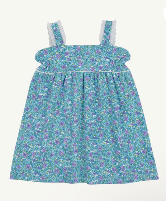 Blue floral dress with sleeveless eyelet trim