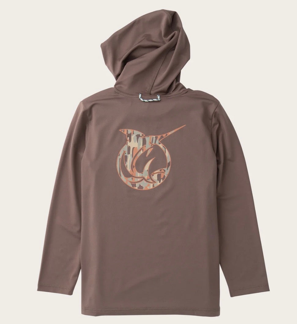 A brown long-sleeve hooded shirt with a large camouflage-patterned chest graphic, displayed against a light beige background.