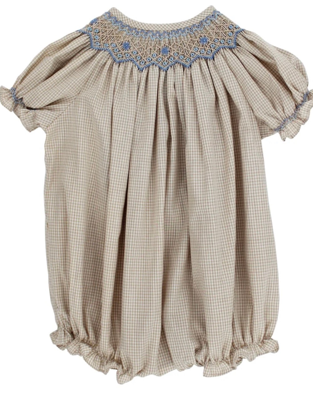 Tan and white check smocked bubble with light blue accents in smocking collar plate 
