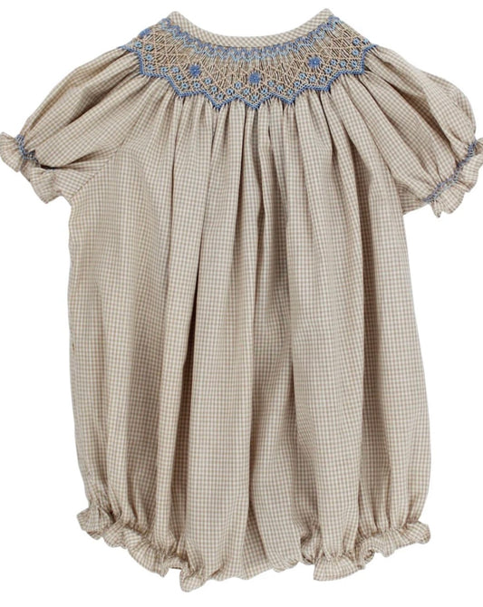 Tan and white check smocked bubble with light blue accents in smocking collar plate 