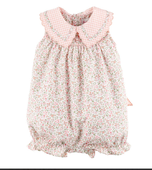 Pink Floral baby romper with checkered collar 