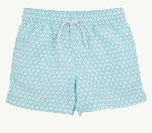 Light blue swim shorts with a subtle pattern on a white background